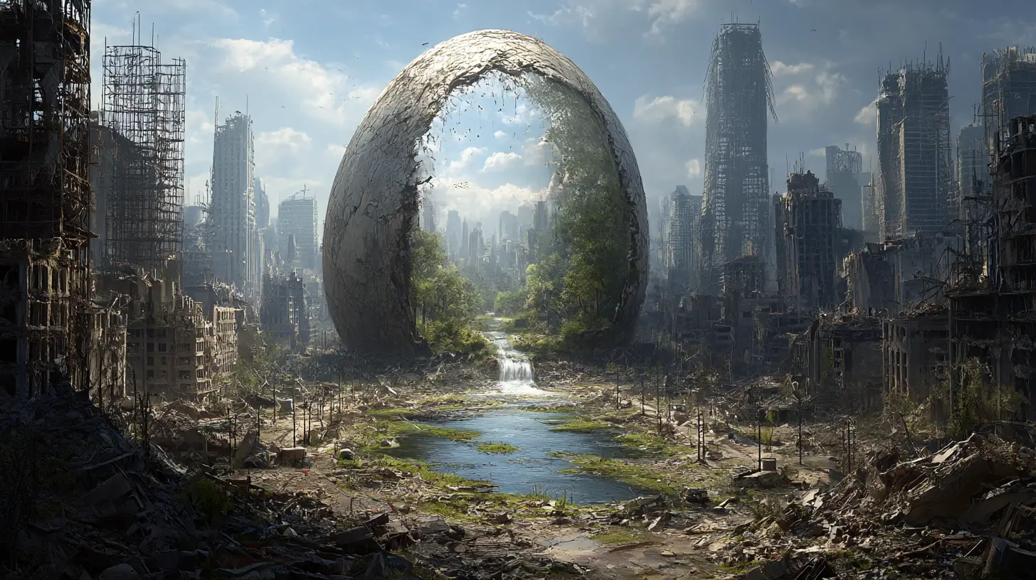 Città in rovina con uovo gigante incrinato che rivela una foresta interiore