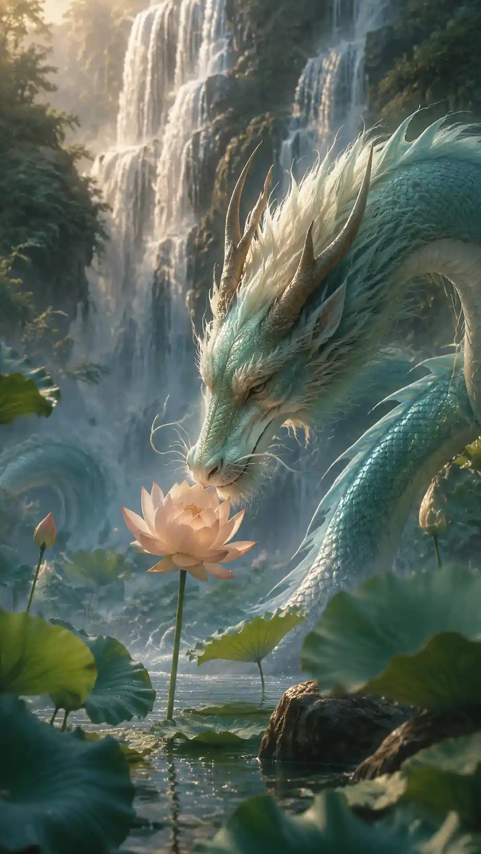 Eastern water dragon resting by a tranquil lotus pond