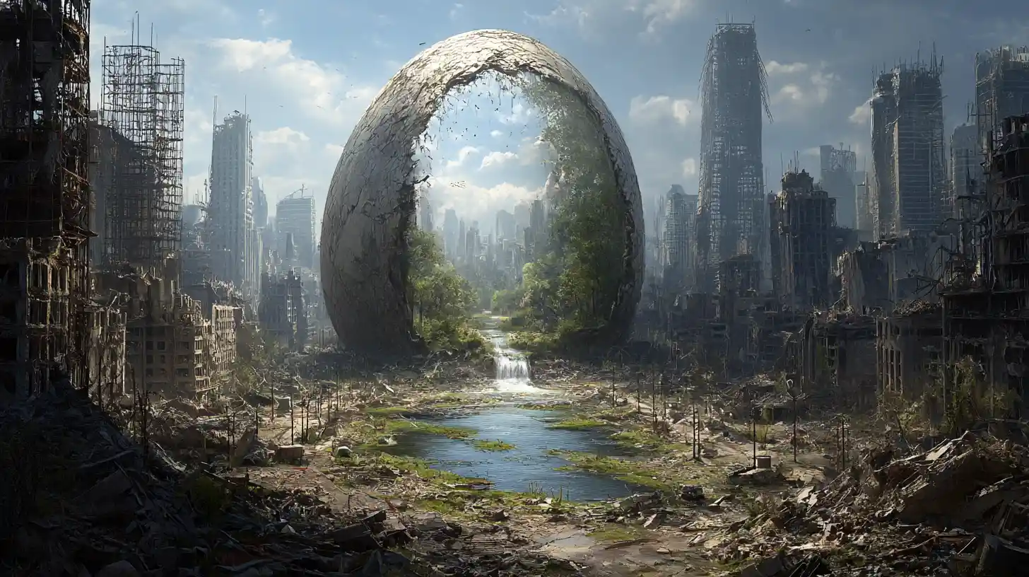 Ciudad en ruinas con huevo gigante agrietado que revela un bosque interior