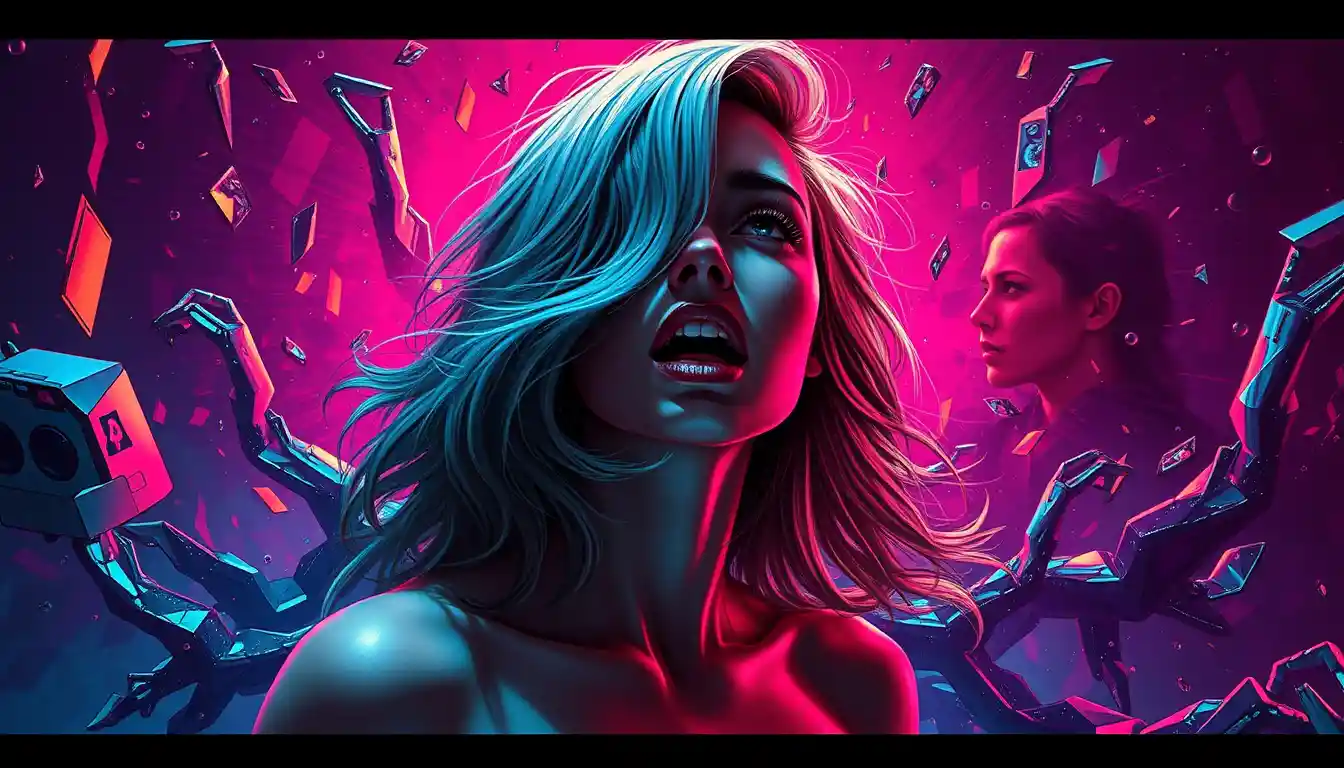 Surreal woman caught in a ruptured glitching reality