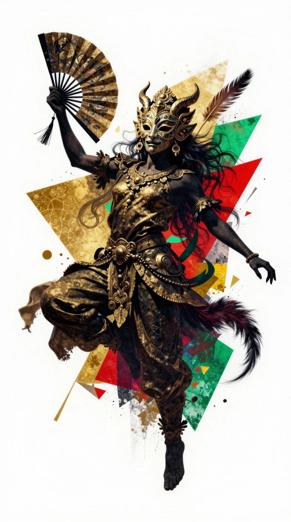 Figura enmascarada posando con abanico ornamentado sobre formas abstractas