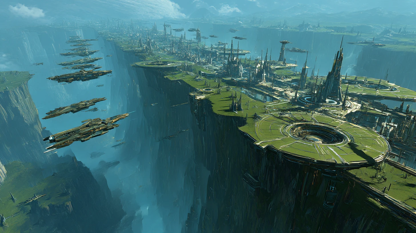 Vasta ciudad futurista con puerto espacial en un mundo verde