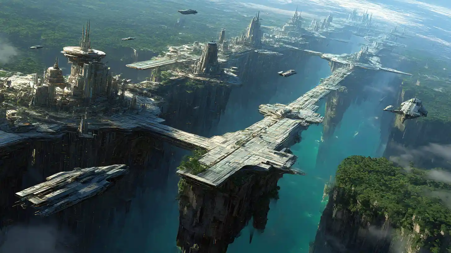 Ciudad futurista con puerto espacial en un acantilado de un planeta verde y exuberante