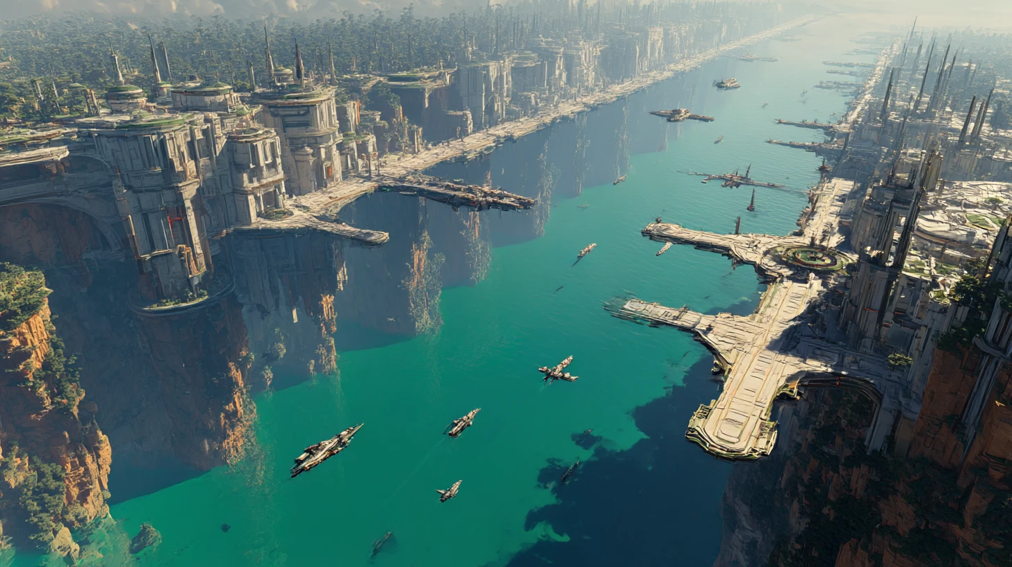 Ciudad futurista con puerto espacial que se extiende a lo largo de un inmenso abismo en un mundo verde