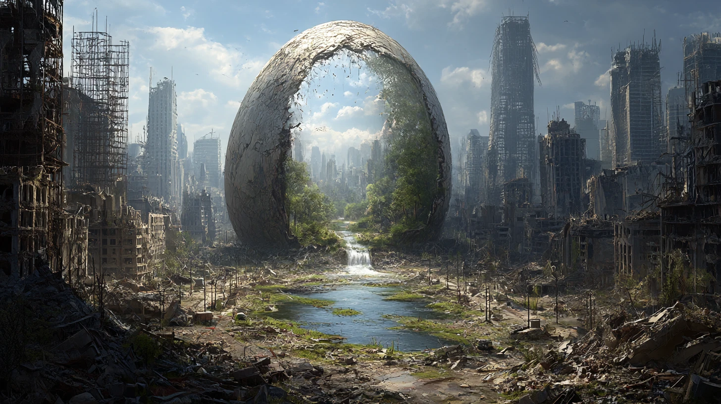 Ciudad en ruinas con huevo gigante agrietado que revela un bosque interior