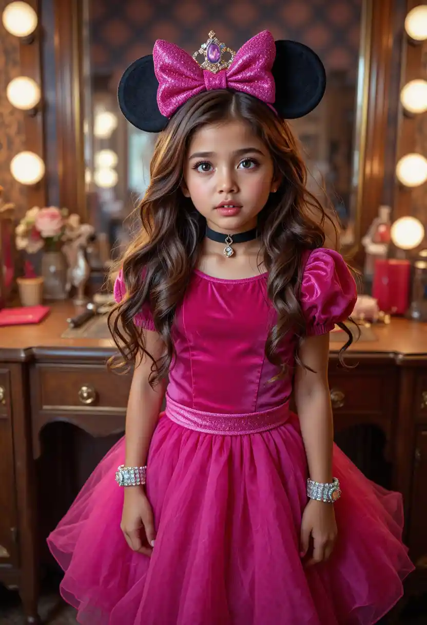 Garçon hispanique en costume de princesse Minnie devant la coiffeuse de chambre