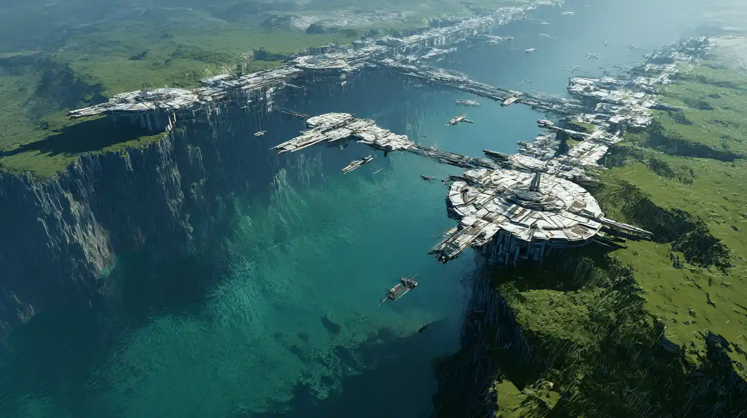 Città futuristica con spazioporto su un immenso dirupo di un mondo verde
