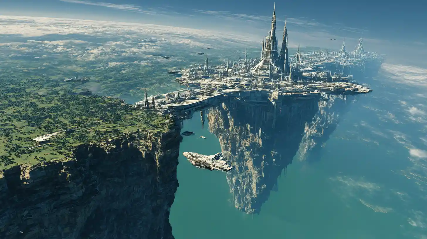 Futuristic spaceport city stretching along a vast cliff