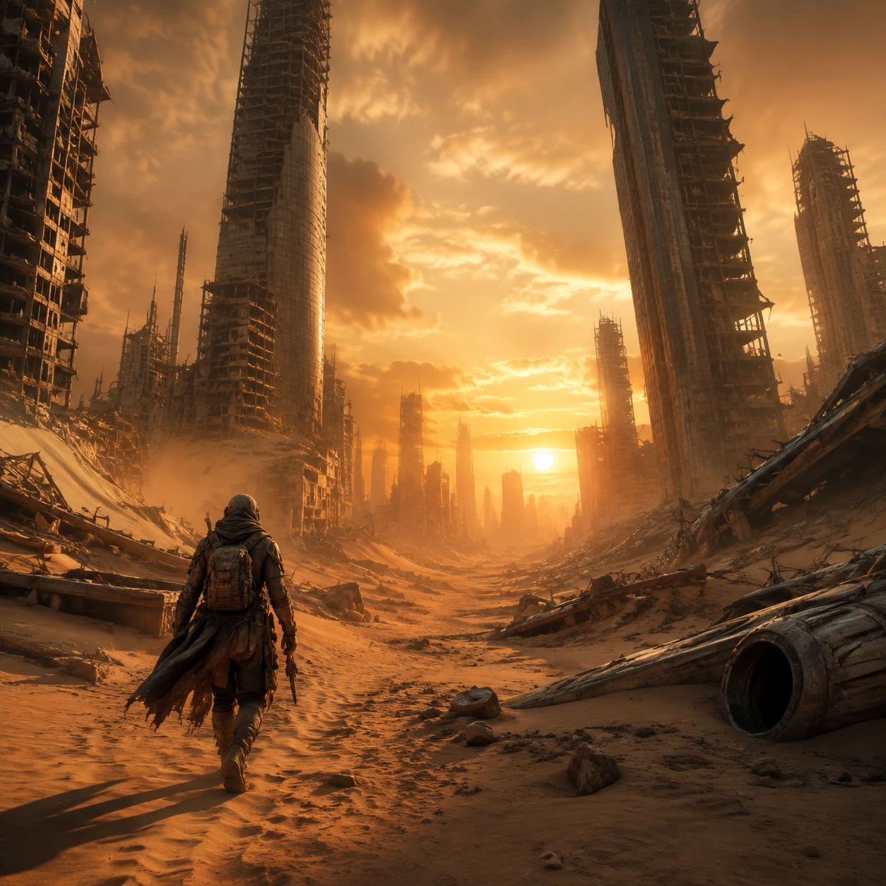 Lone survivor in a ruined futuristic desert city at sunset