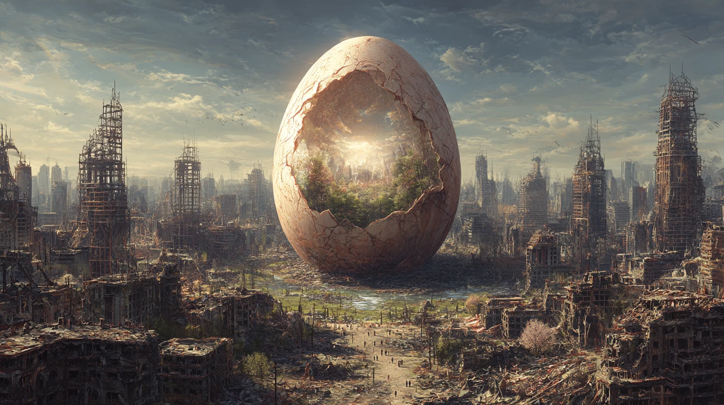 Riesiger Eierwald in zerstörter dystopischer Stadt