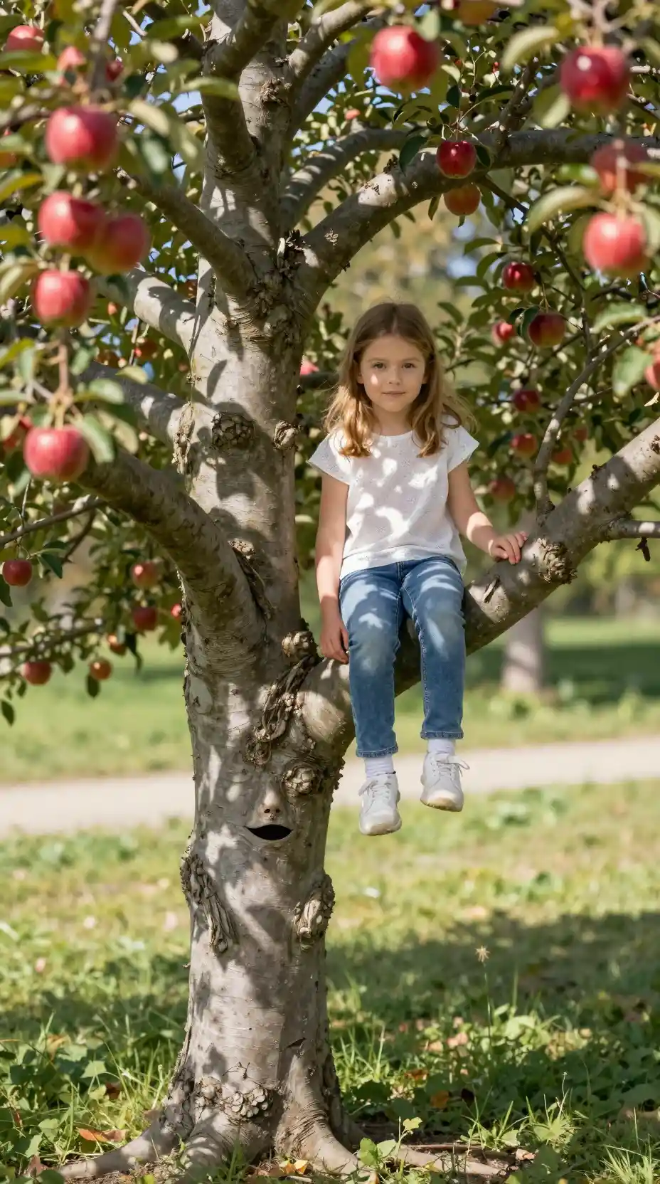 Young girl sitting in a red apple tree with living face