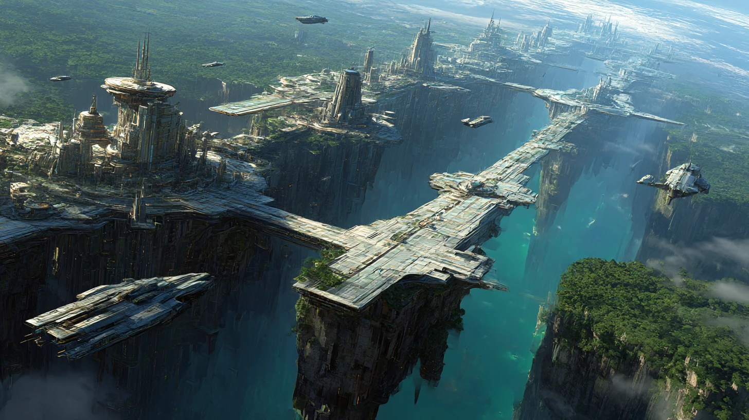 Ciudad futurista con puerto espacial en un acantilado de un planeta verde y exuberante