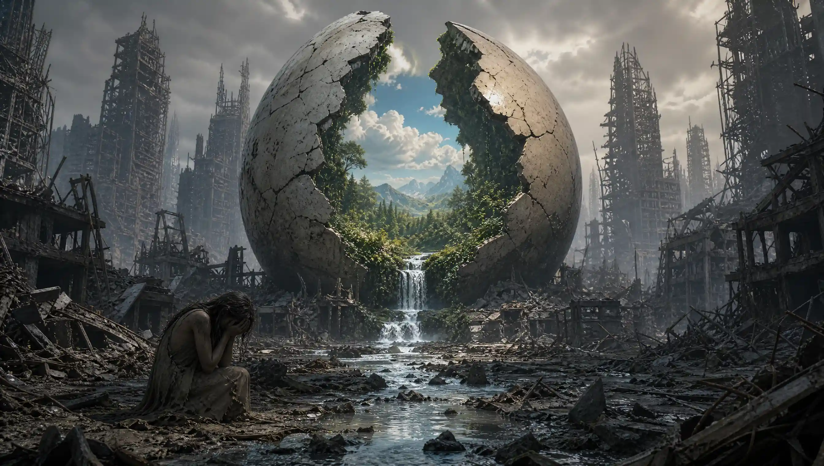 Città in Rovina con Uovo Gigante Aperto che Svela una Foresta Nascosta