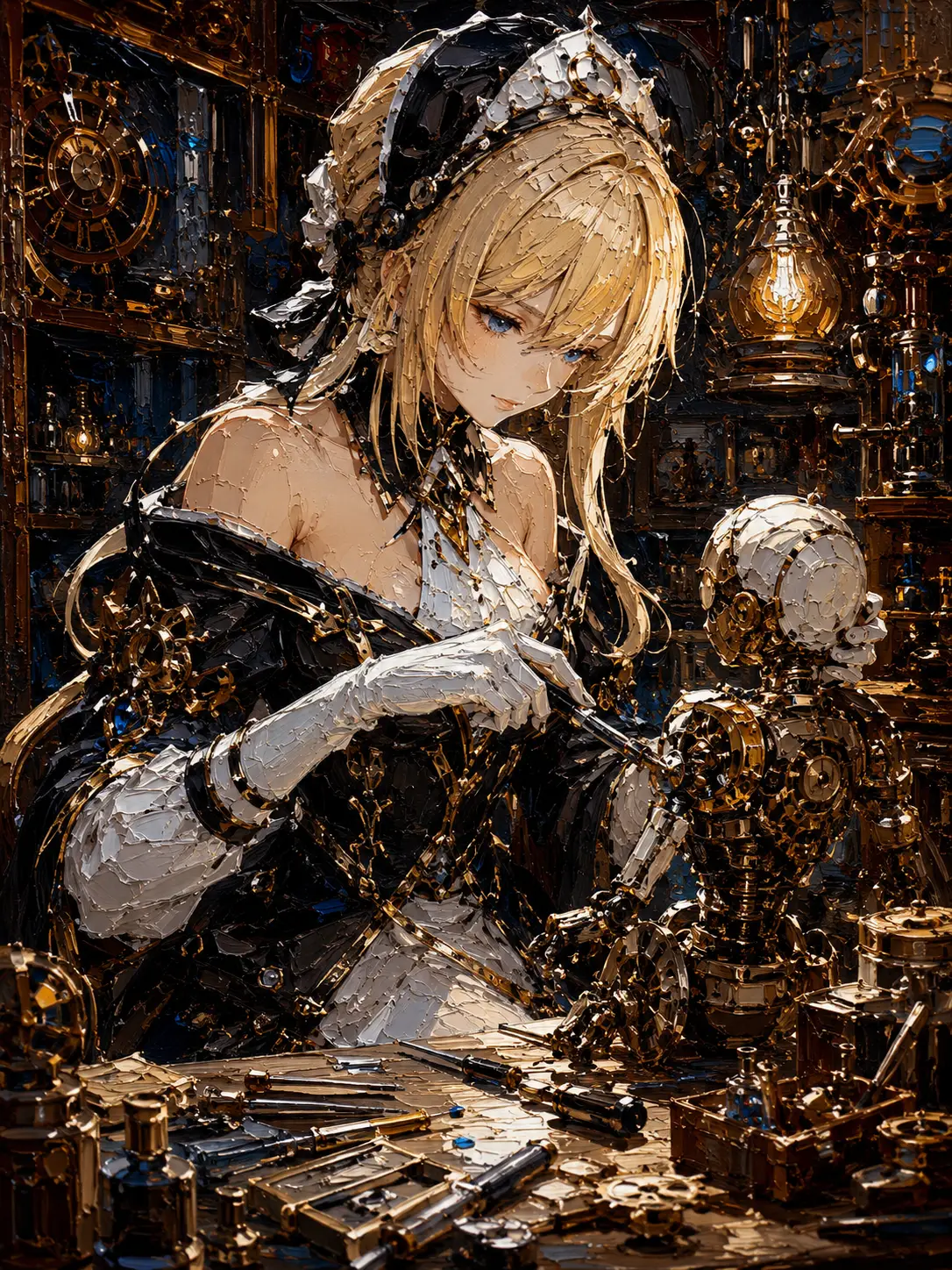 蒸氣龐克工坊裡的女發明家厚塗畫作