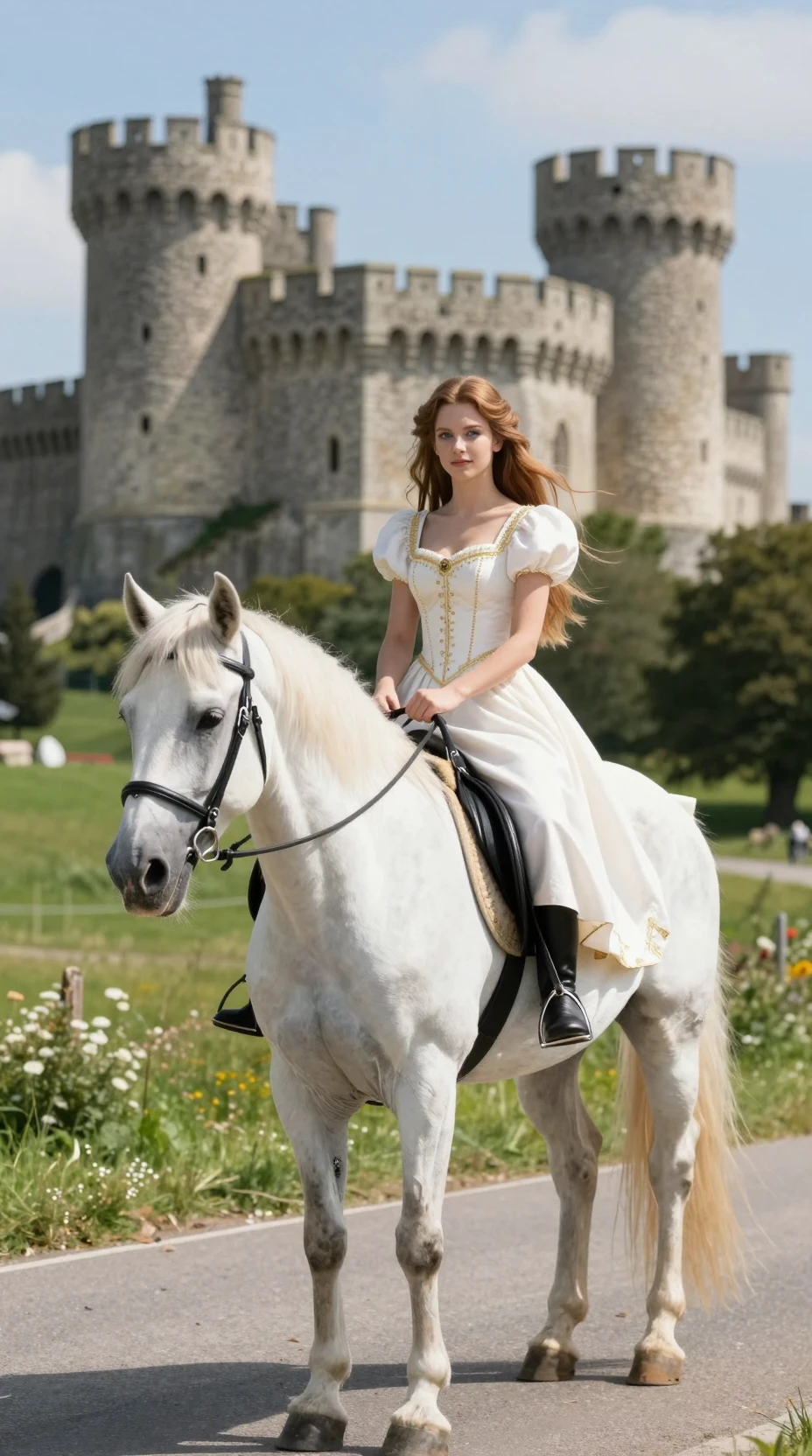 Principessa che cavalca un destriero bianco davanti a un castello medievale