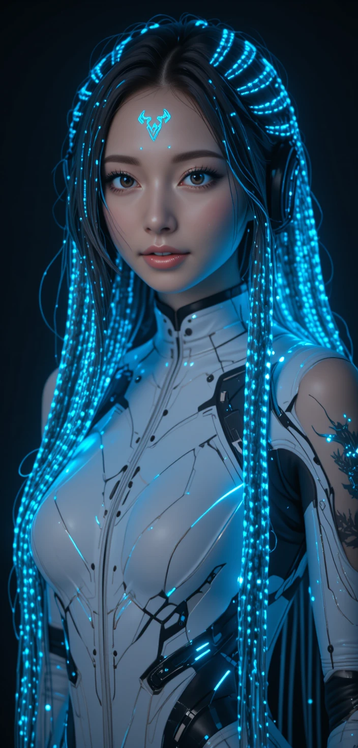 Mulher sci-fi de tranças ciano em retrato brilhante