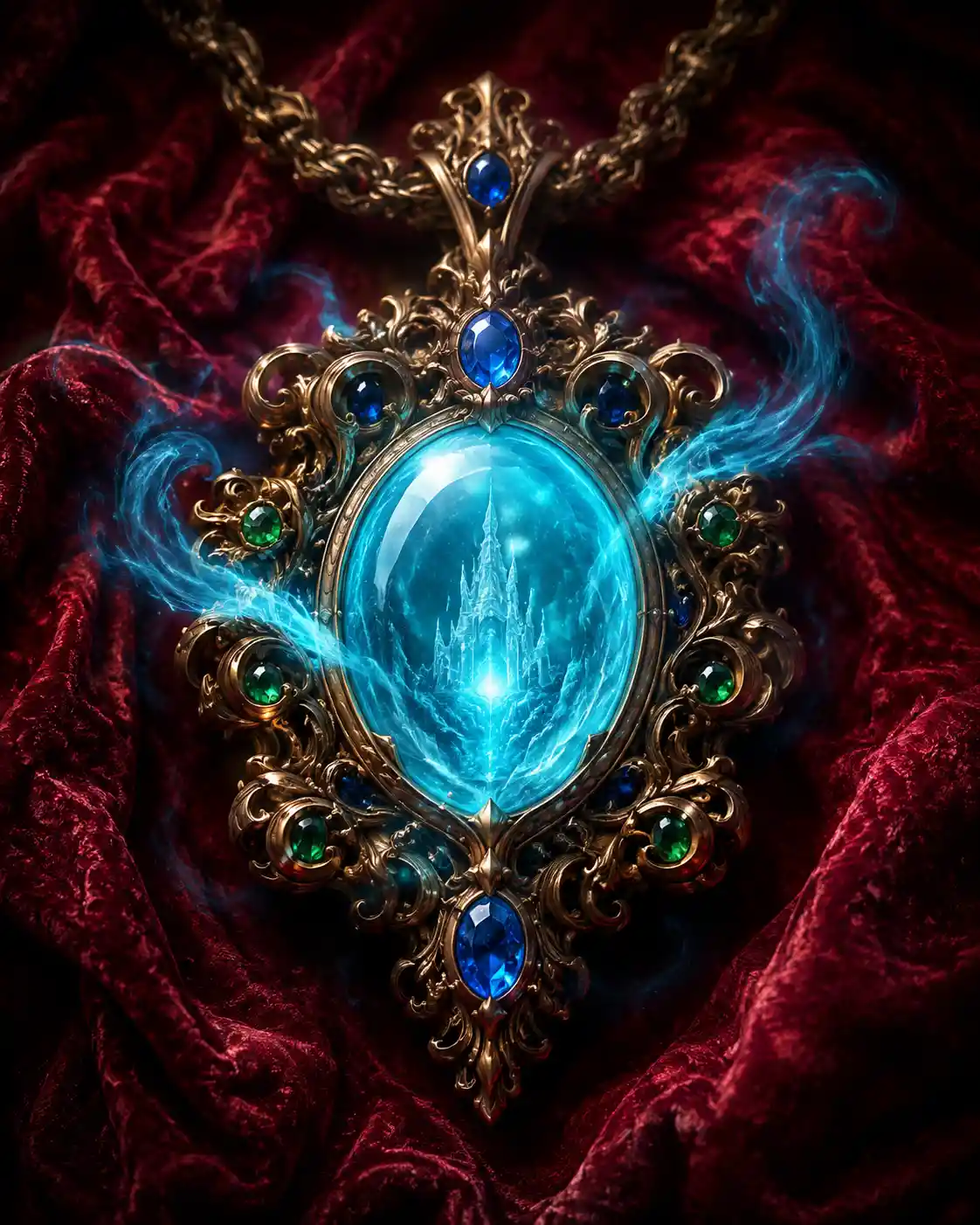 Ornate magical bronze pendant with glowing cyan gemstone