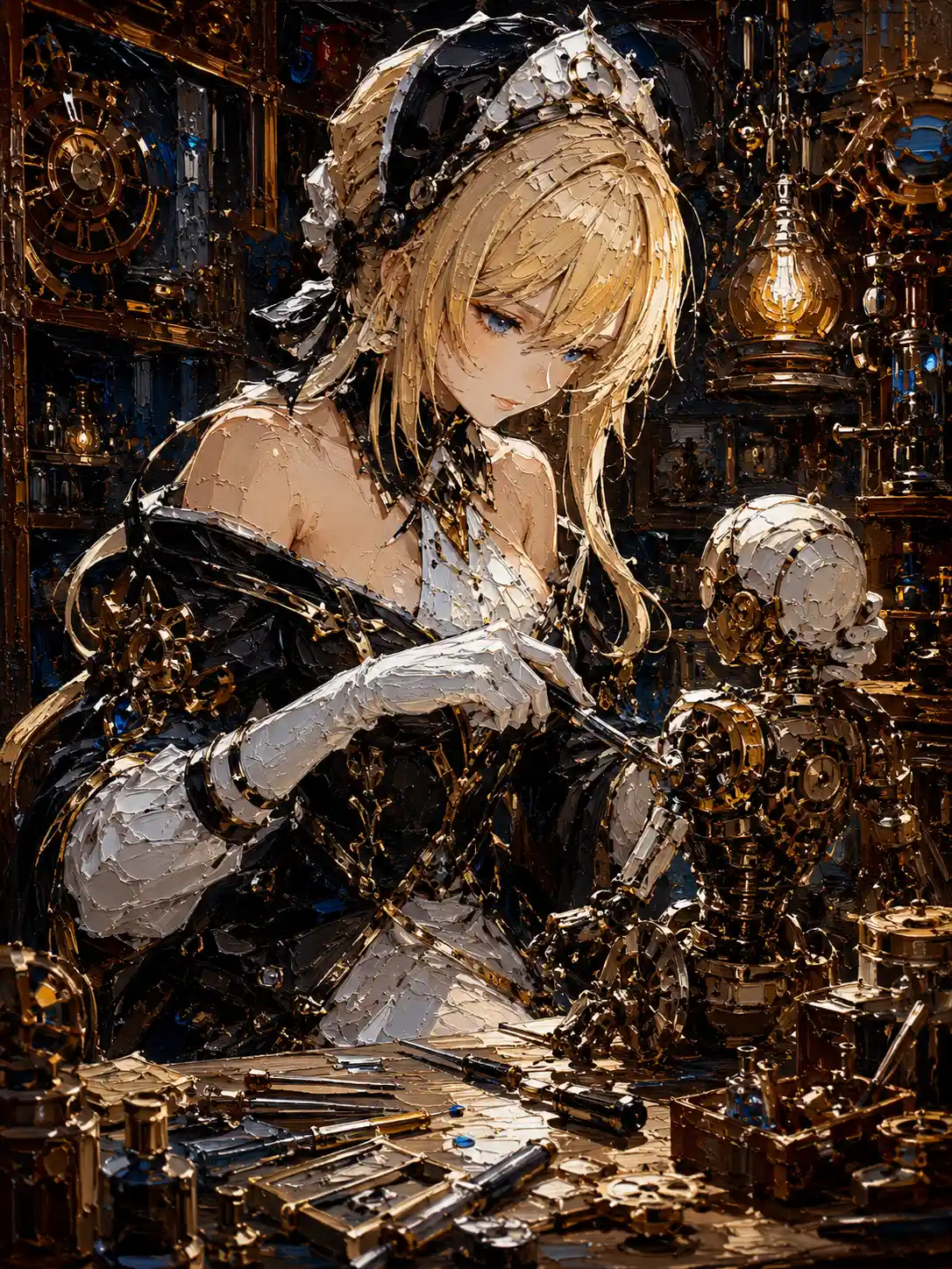 Pintura em impasto de uma inventora em uma oficina steampunk