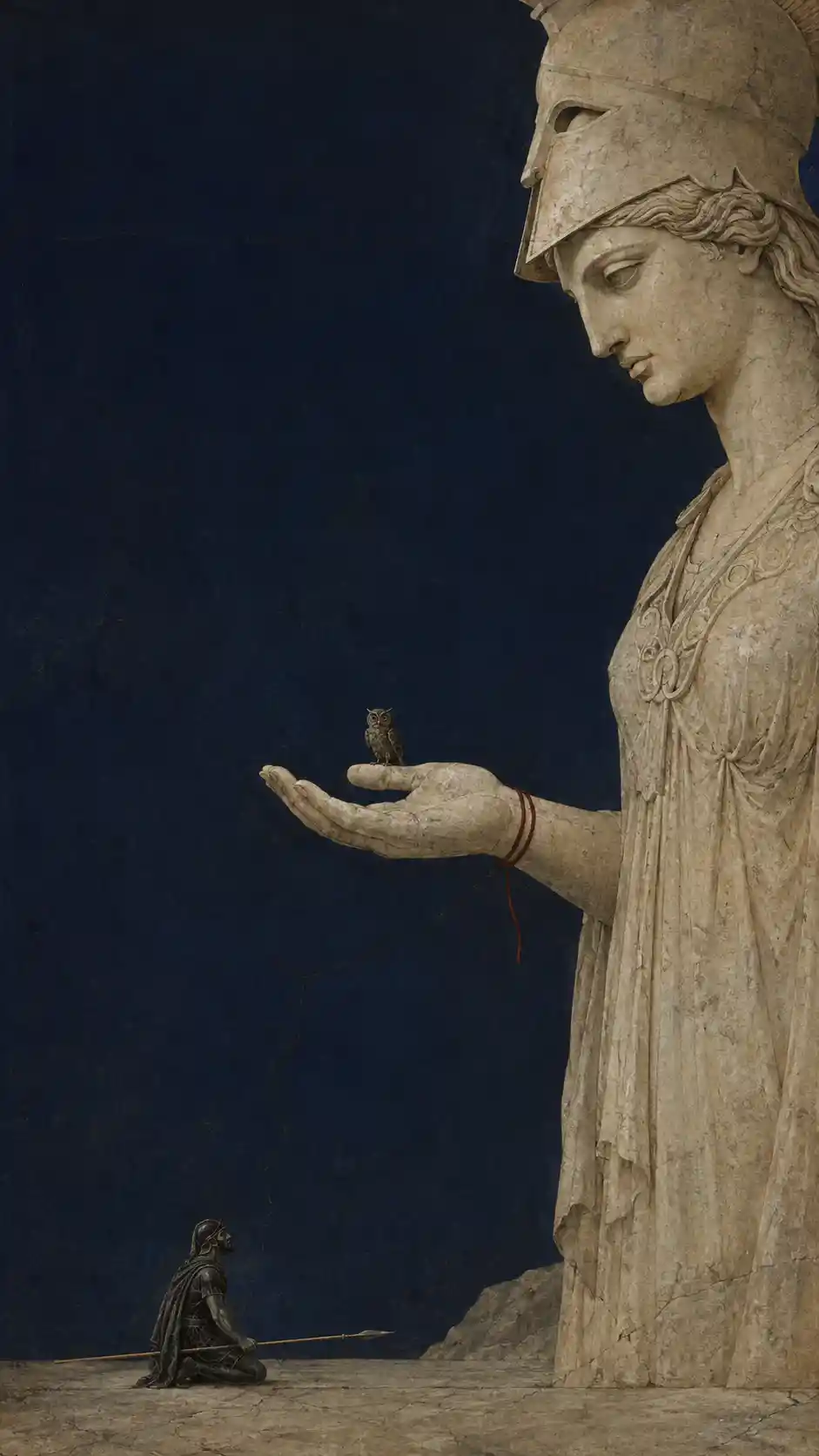 Odysseus kneels before a colossal stone Athena figure