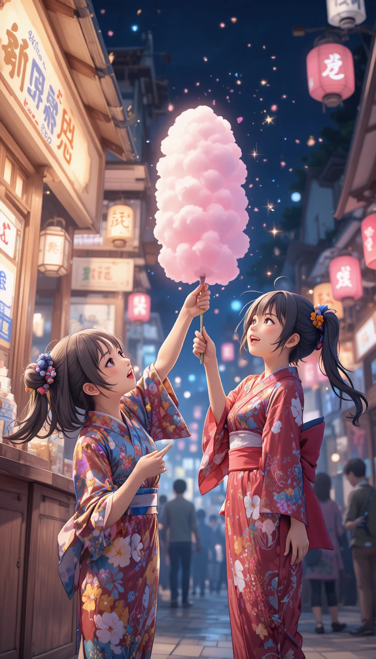 Chicas de anime compartiendo algodón de azúcar en un puesto de festival iluminado por farolillos