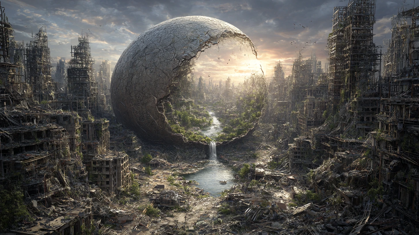 Ville en ruines avec un œuf géant se fendant pour laisser naître une forêt vivante