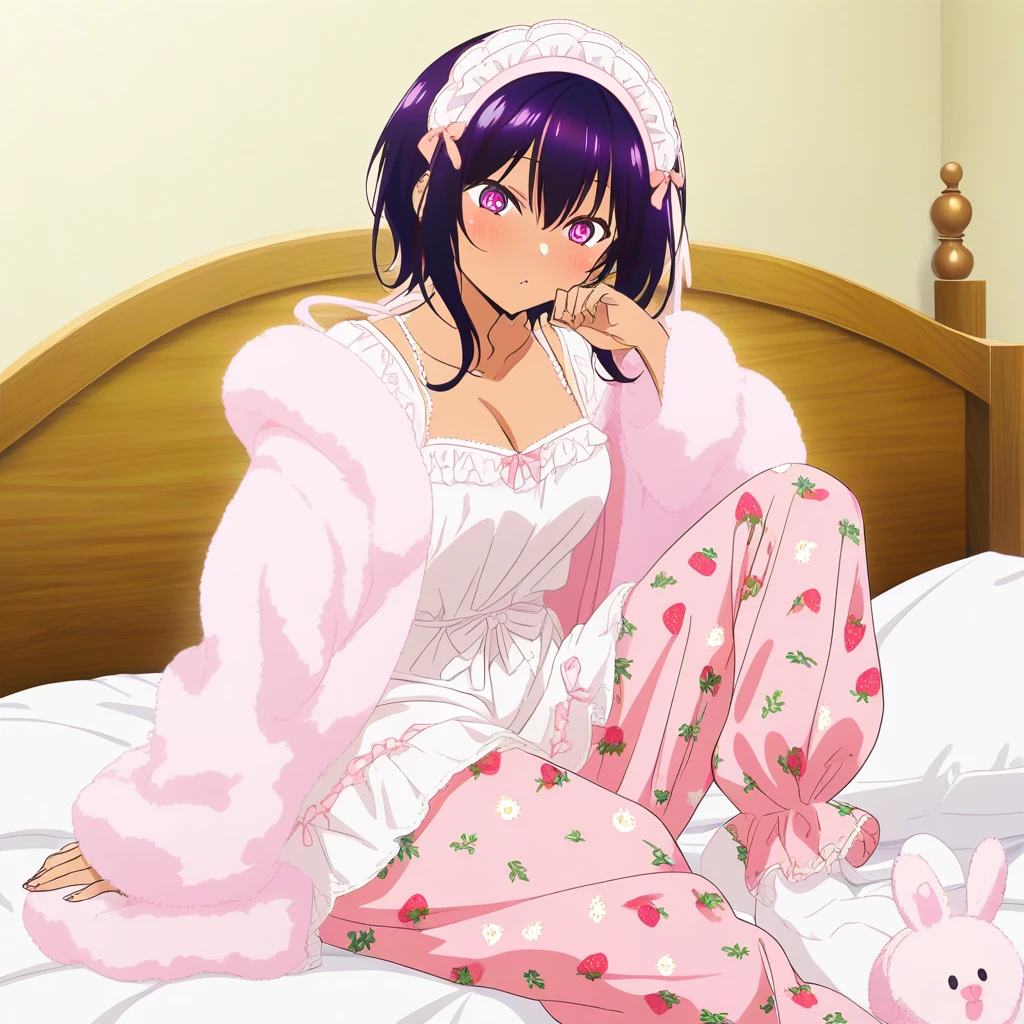 Chica de anime de piel oscura relajándose con pijama rosa pastel