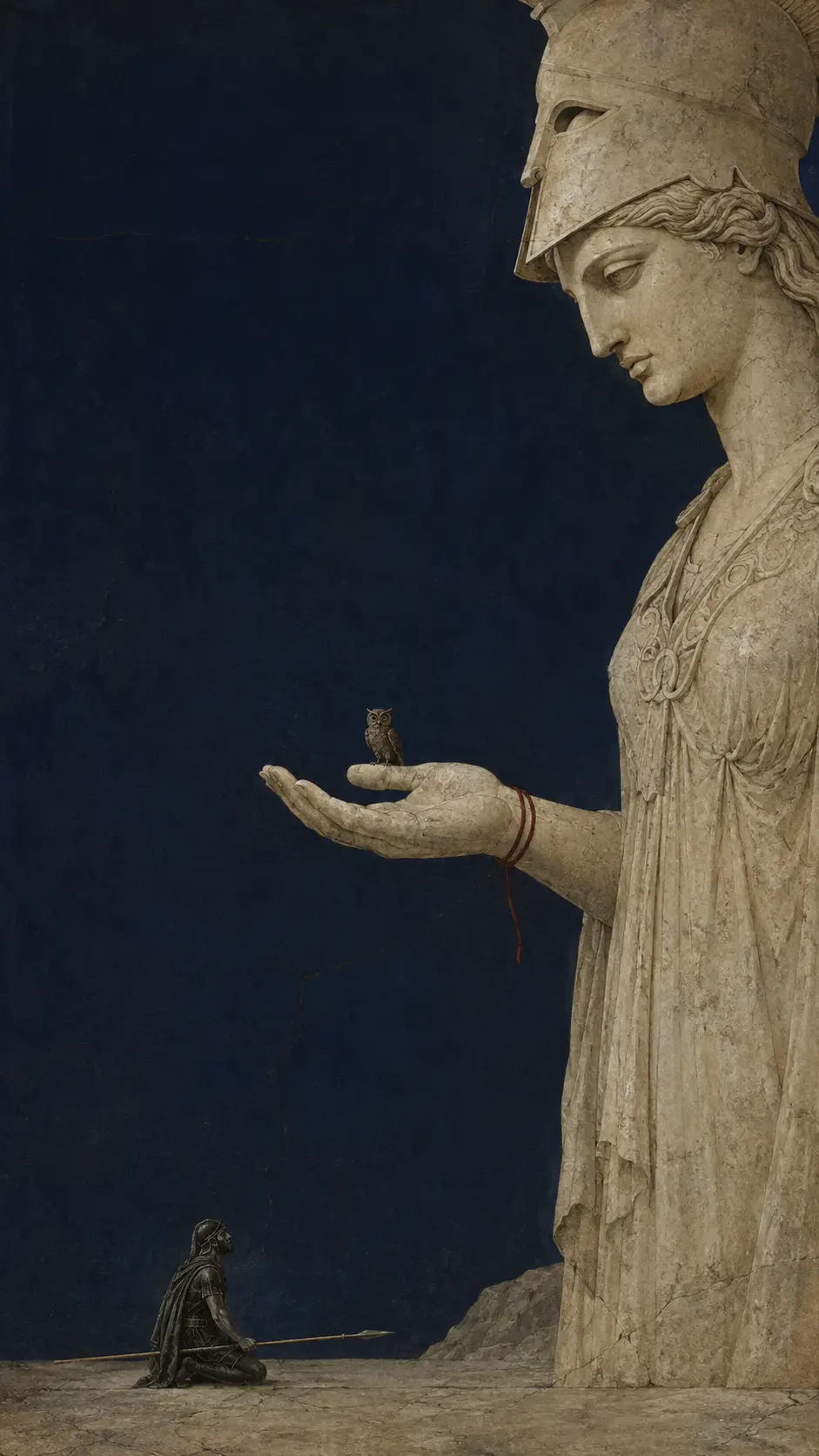 Odysseus kneels before a colossal stone Athena figure