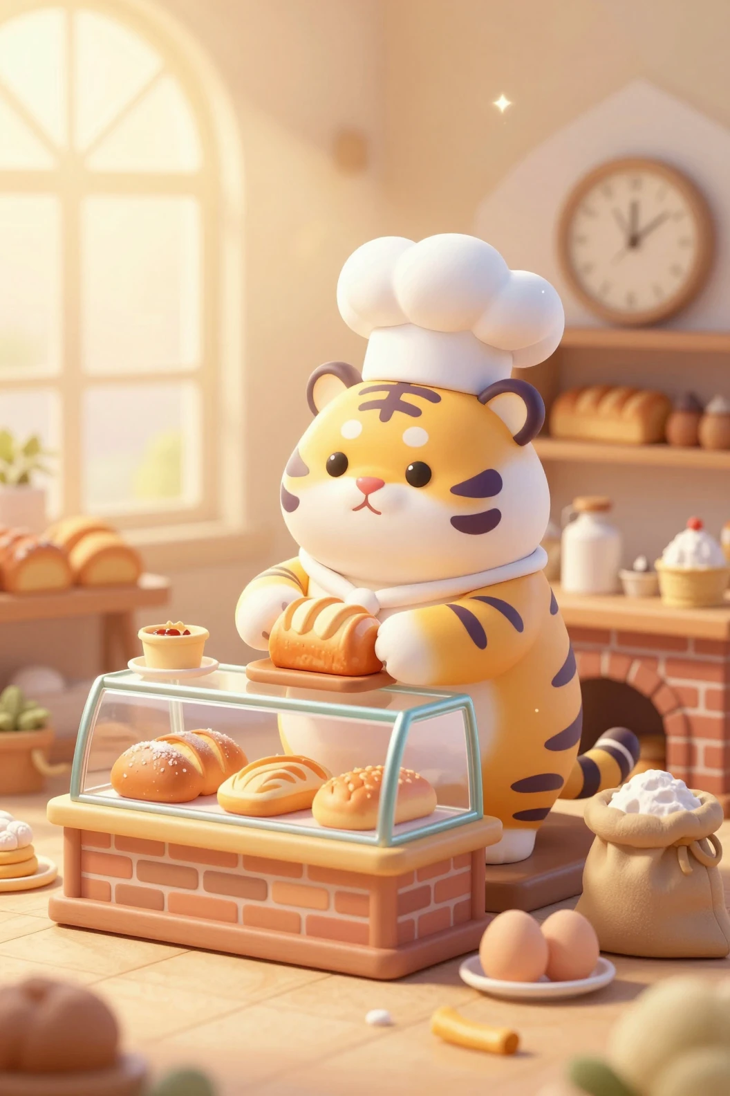 Adorable tigre panadero 3D haciendo pan en una panadería acogedora