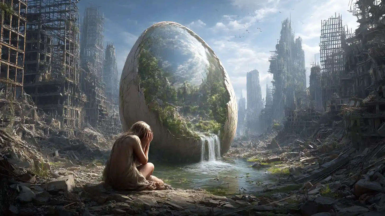 Ciudad distópica en ruinas con huevo gigante de nueva vida