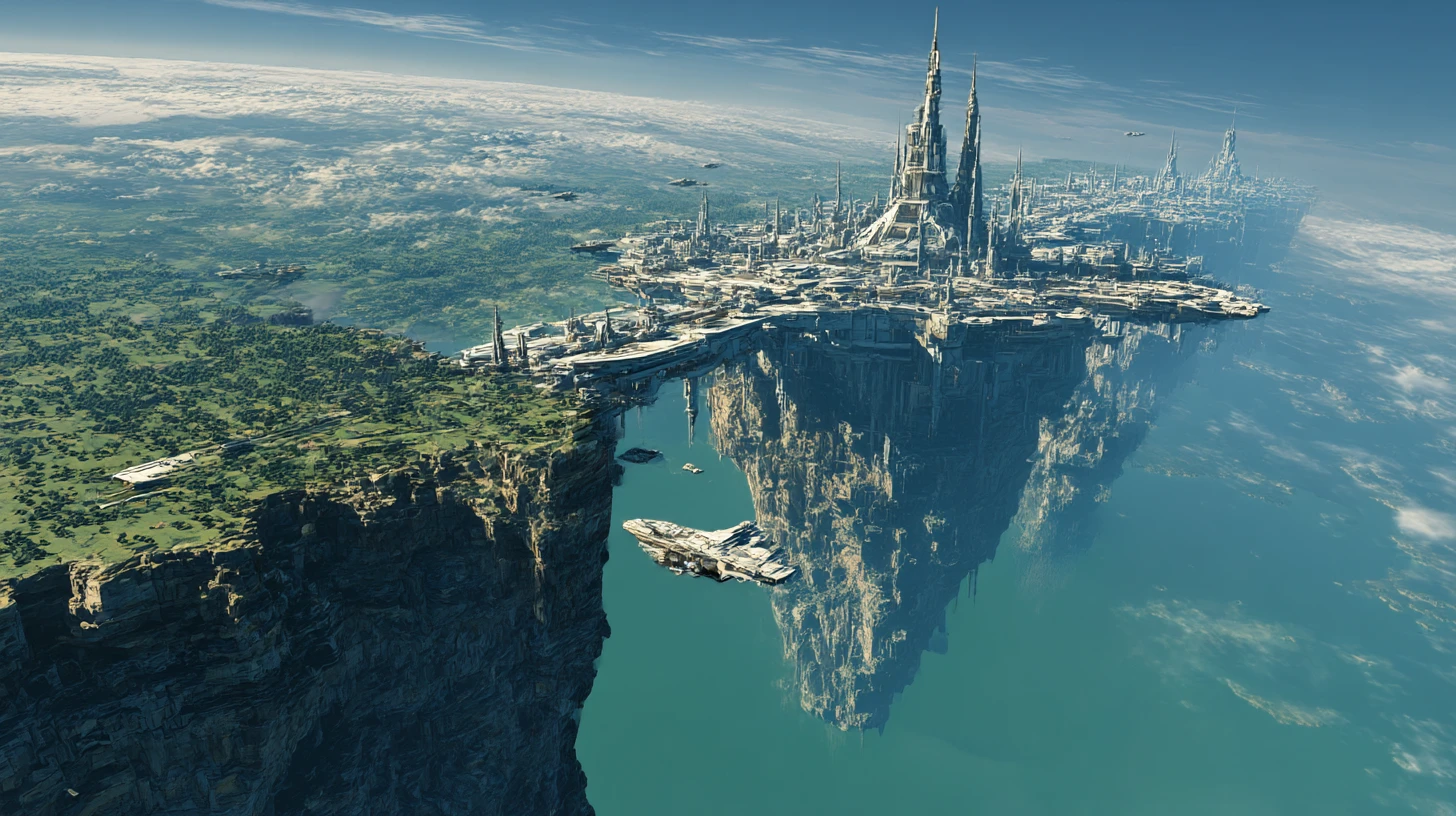 Cidade futurista com espaçoporto ao longo de um imenso penhasco