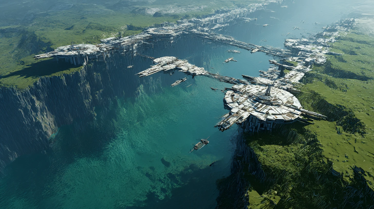 Città futuristica con spazioporto su un immenso dirupo di un mondo verde