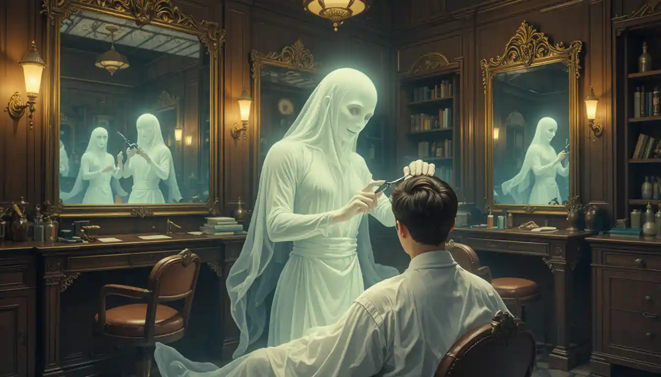 Barbier fantôme coiffant un client dans un barbier victorien