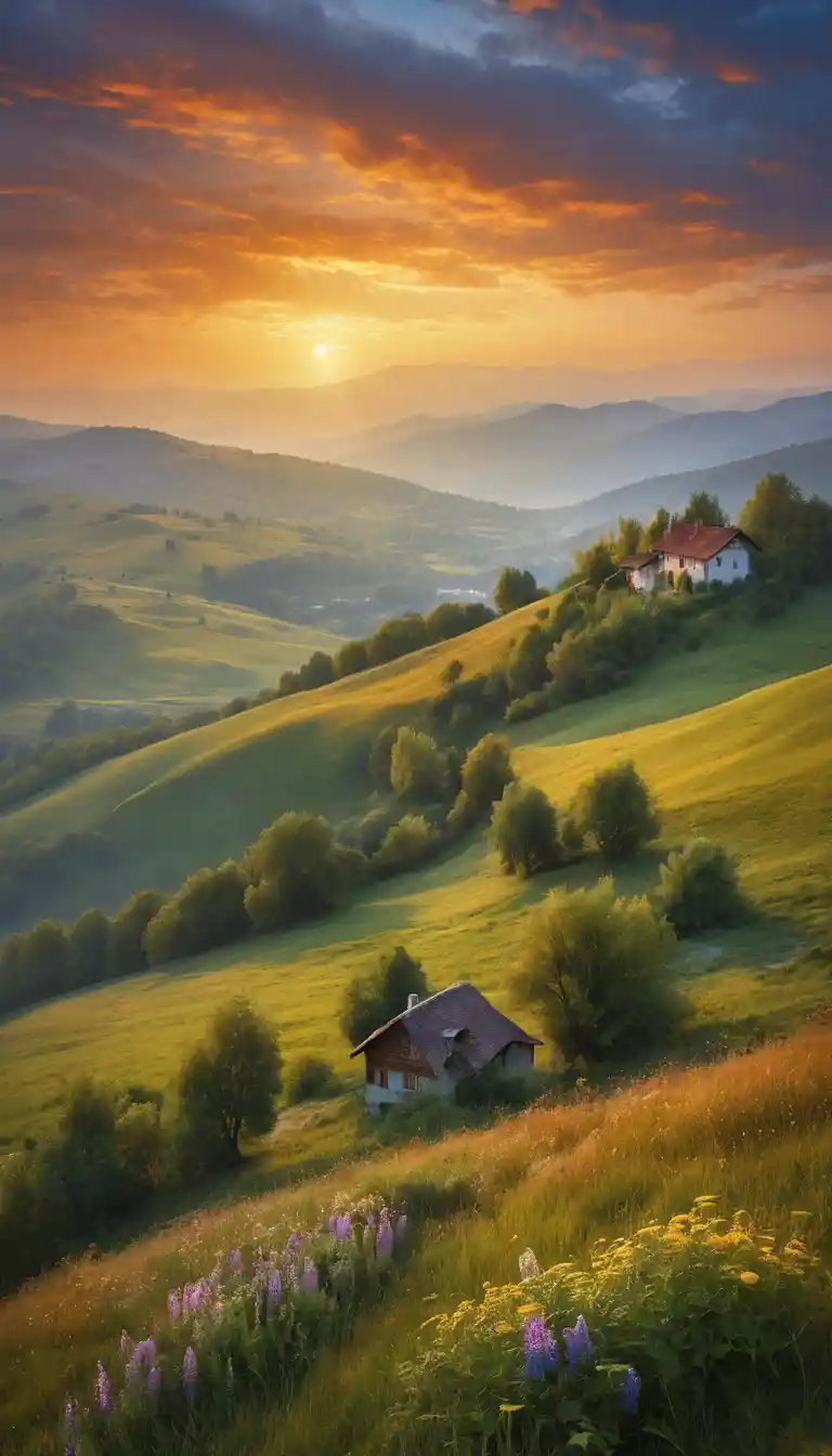 Colorful twilight mountain landscape with gentle summer hillside
