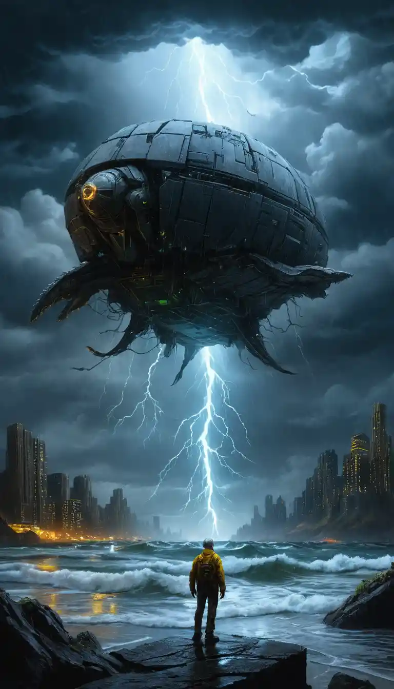 Tempesta oceanica sci-fi con megastrutture al neon nella notte