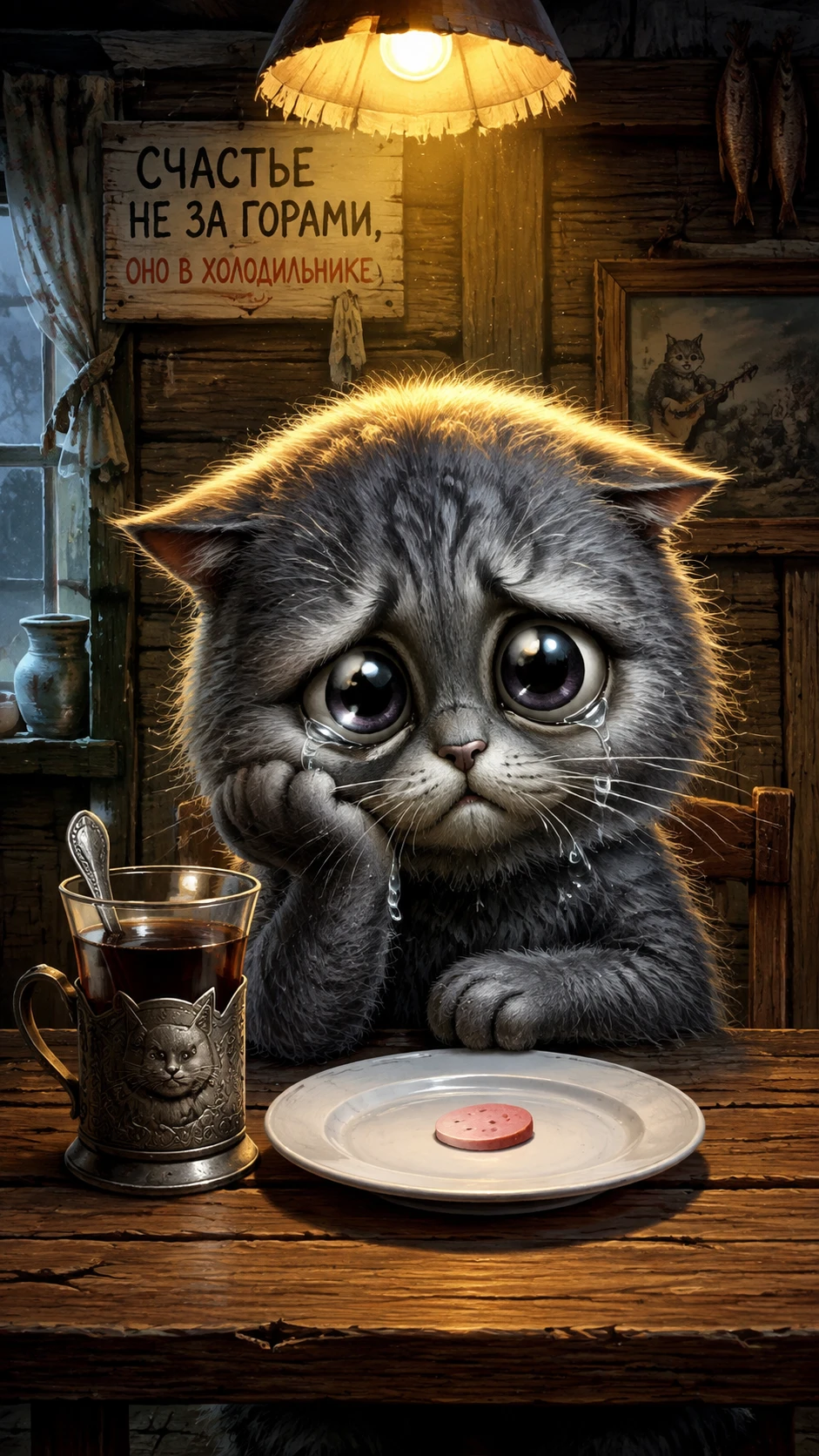 Triste gatito gris y esponjoso en una mesa rústica de madera