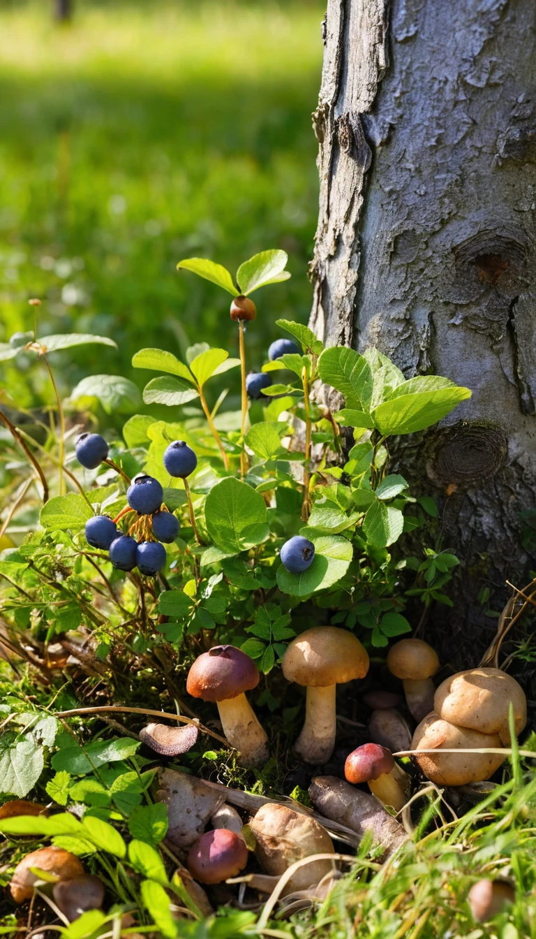 Primo piano di un cespuglio di mirtilli e funghi nell’erba soleggiata del bosco