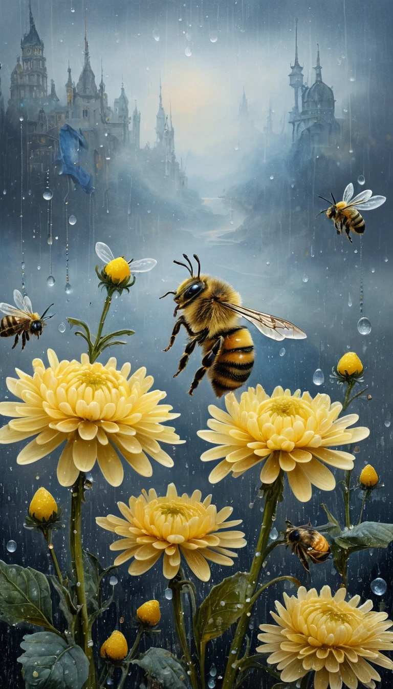 Abeja entre crisantemos color limón bajo la lluvia inclinada