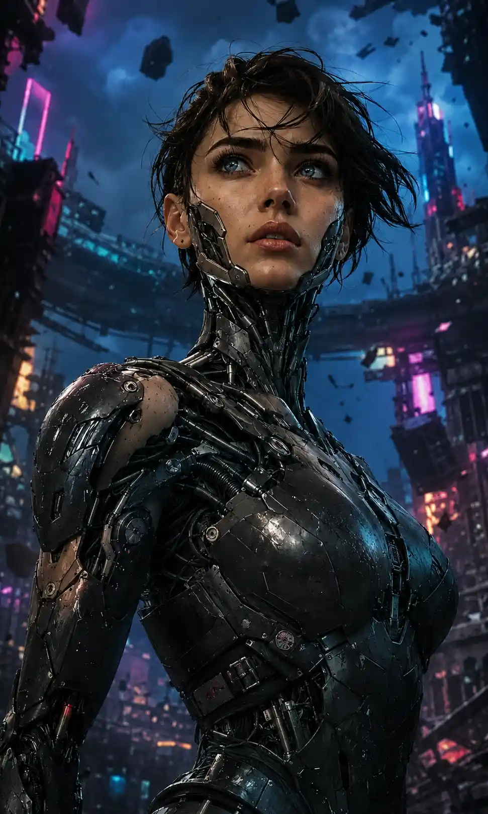 Colorized cyberpunk city scene with glowing neon lights