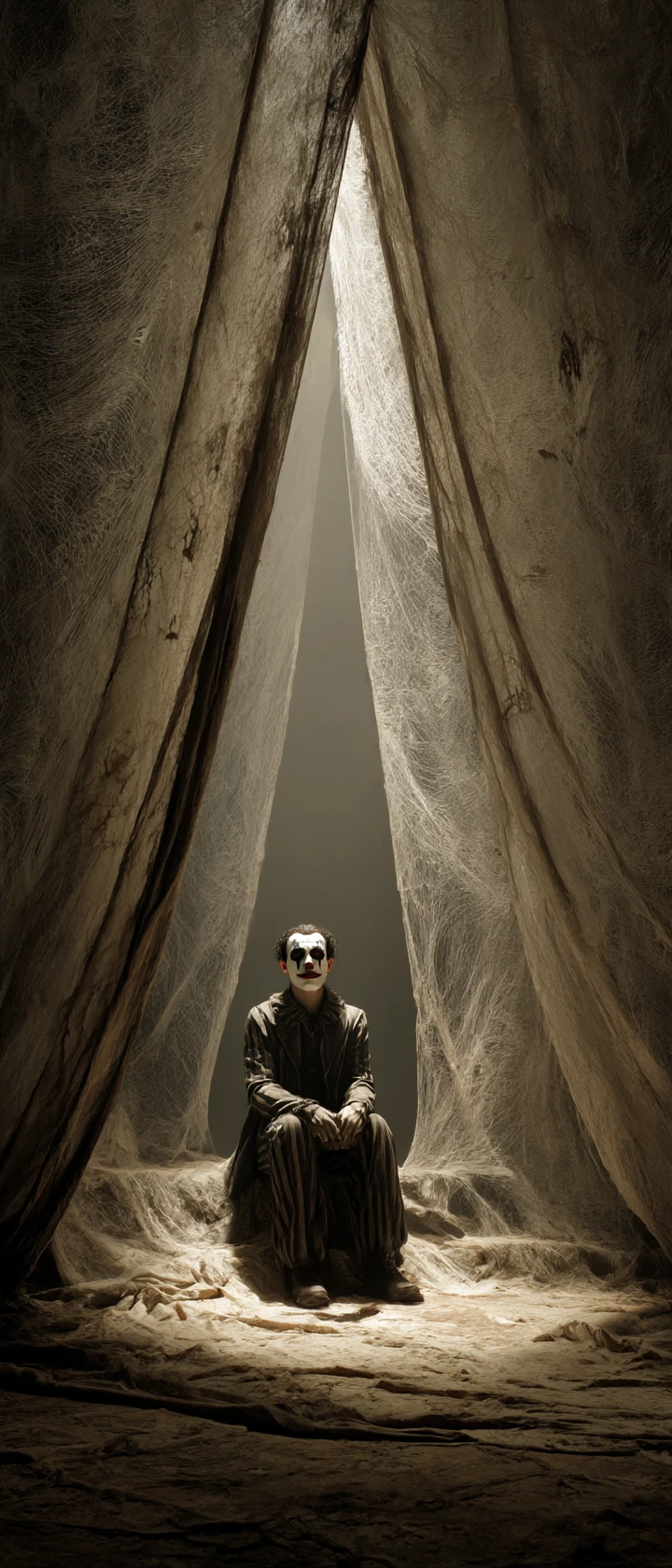 A solitary jester under a spotlight on an ancient stage