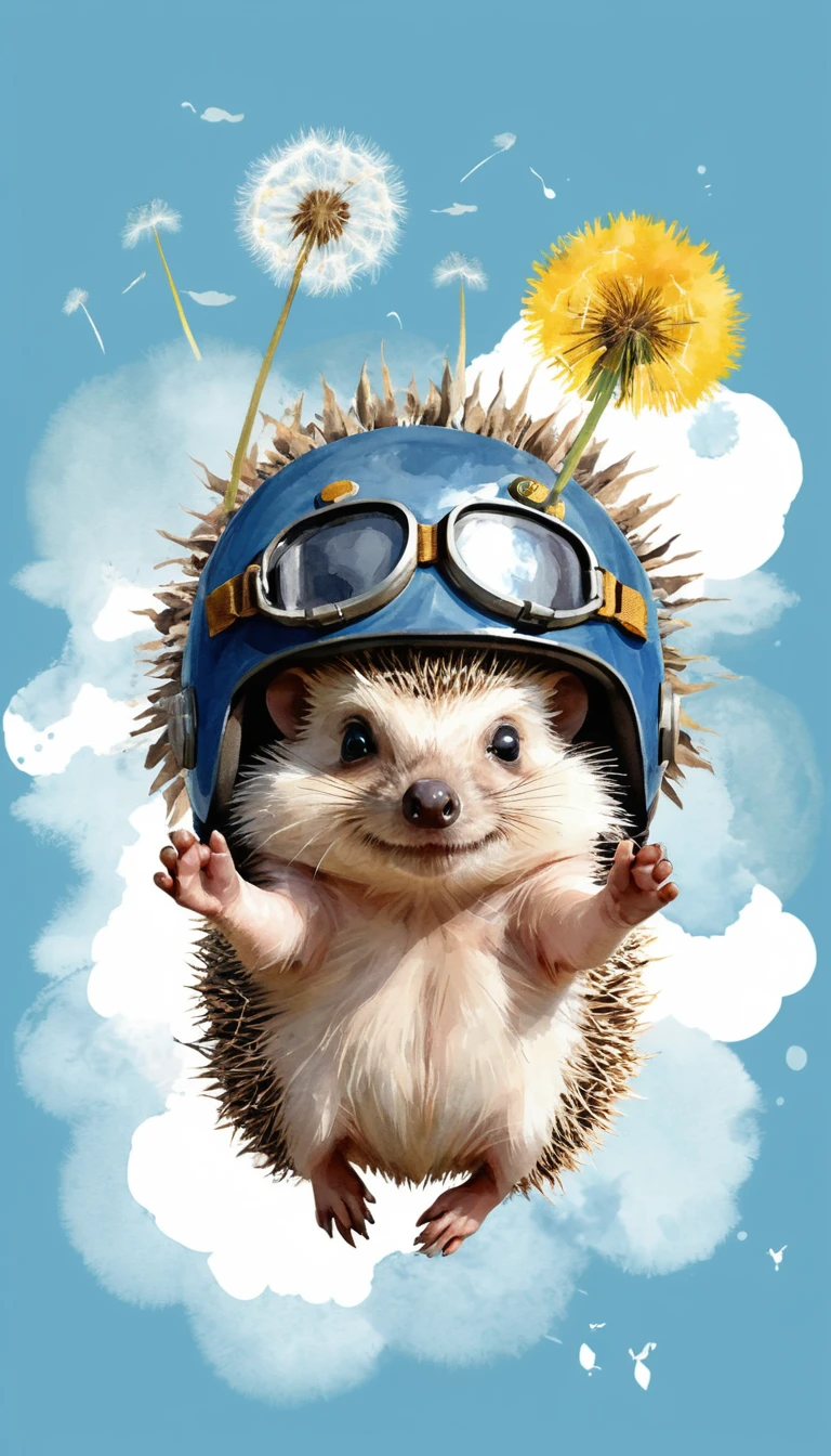 Hedgehog Flying With A Dandelion In A Blue Sky