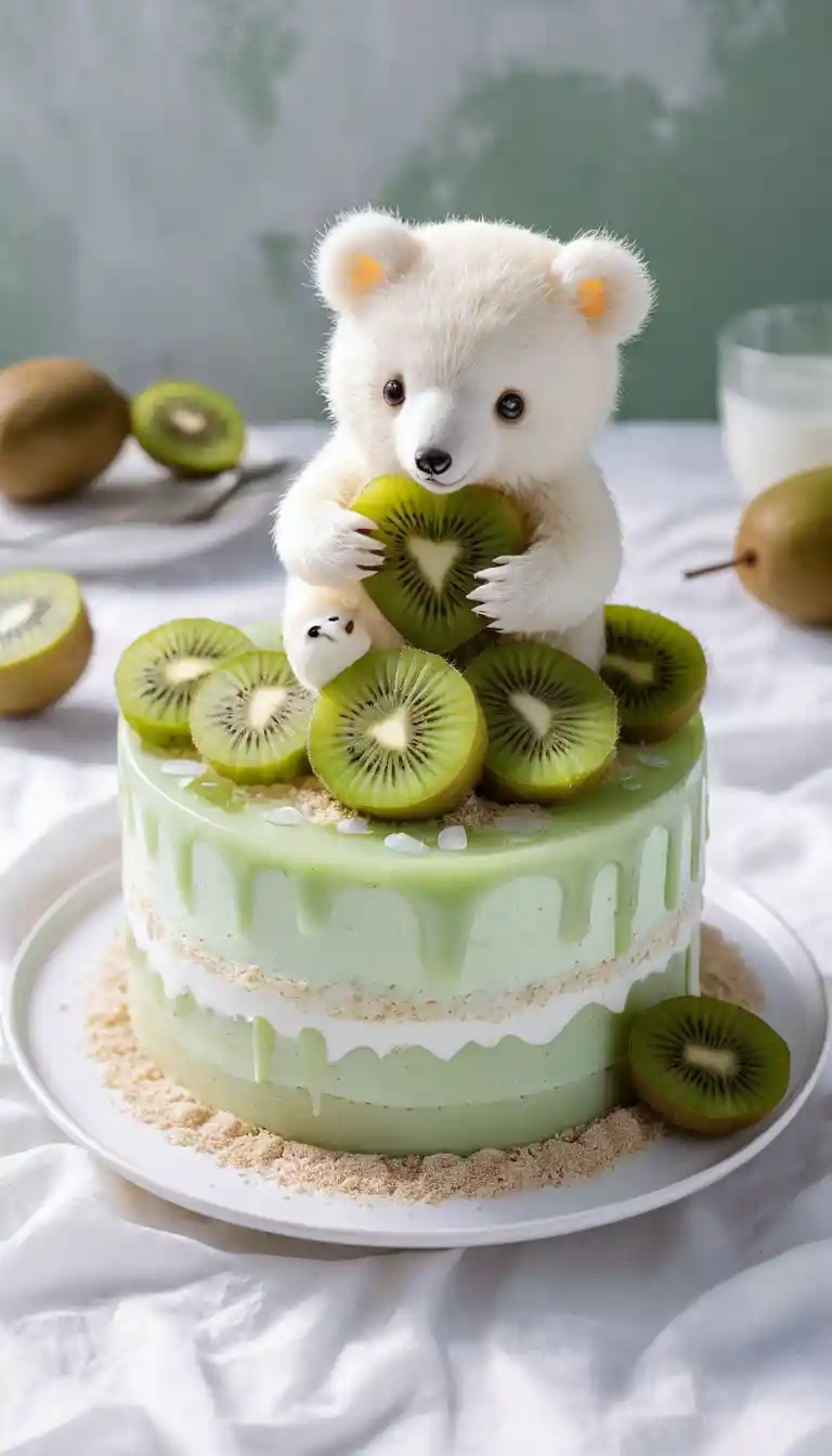 Transparent kiwi cake slice with cute bear on white table