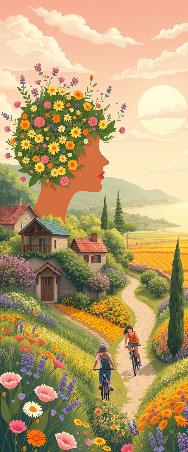 夢のような居心地のよい海辺の花の村のフラットイラスト