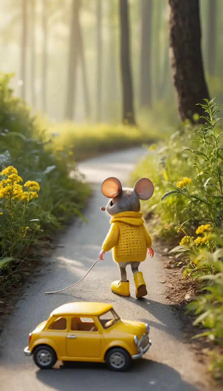 Ratoncito con suéter amarillo en un soleado sendero del bosque