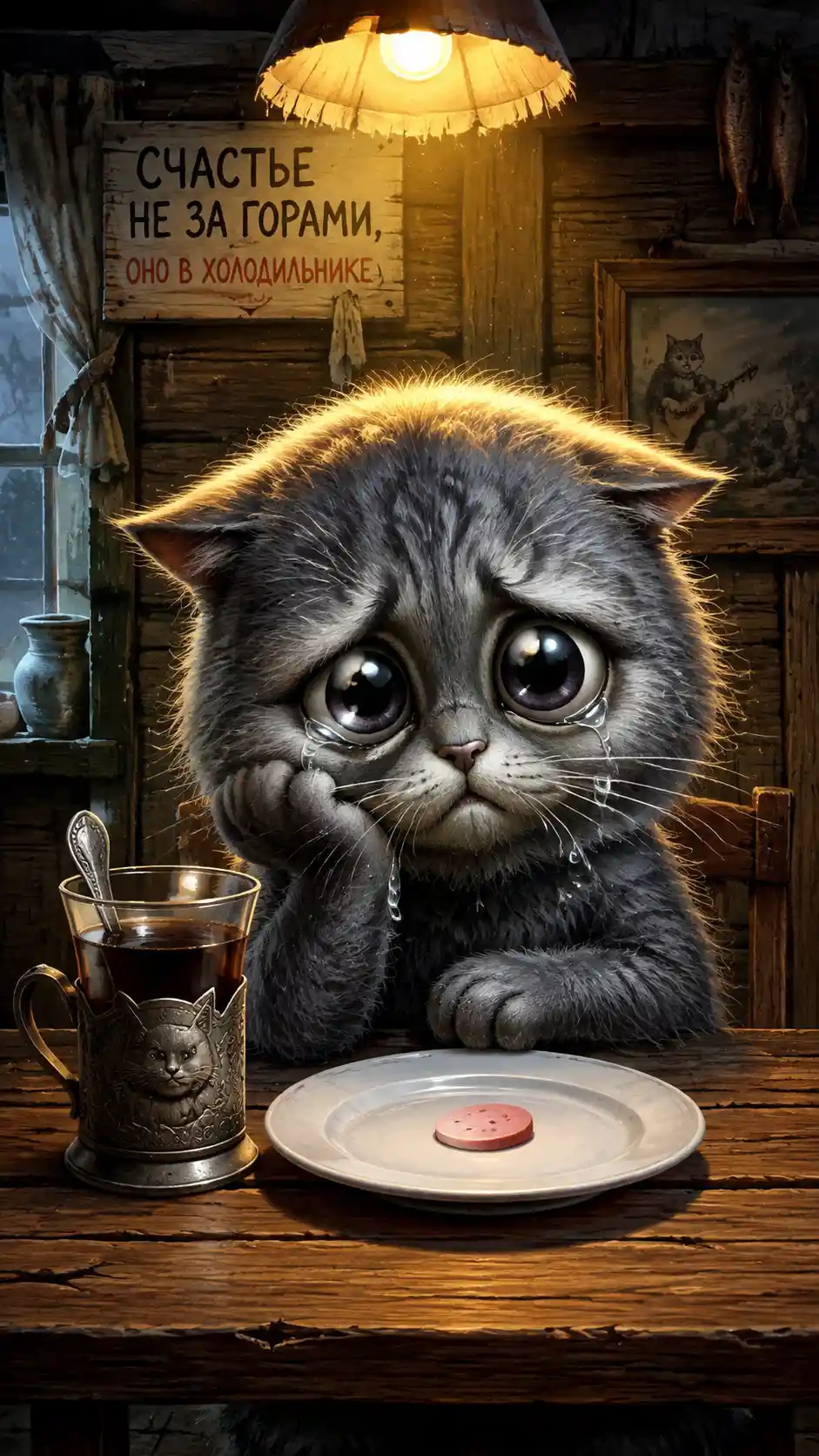 Triste gatito gris y esponjoso en una mesa rústica de madera