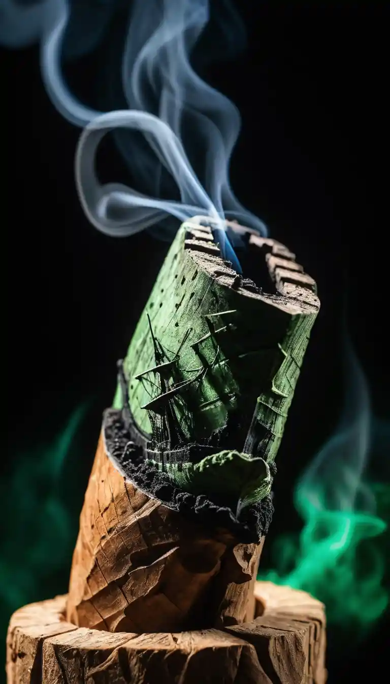 Glowing cigar tip with ship bow carved from ash