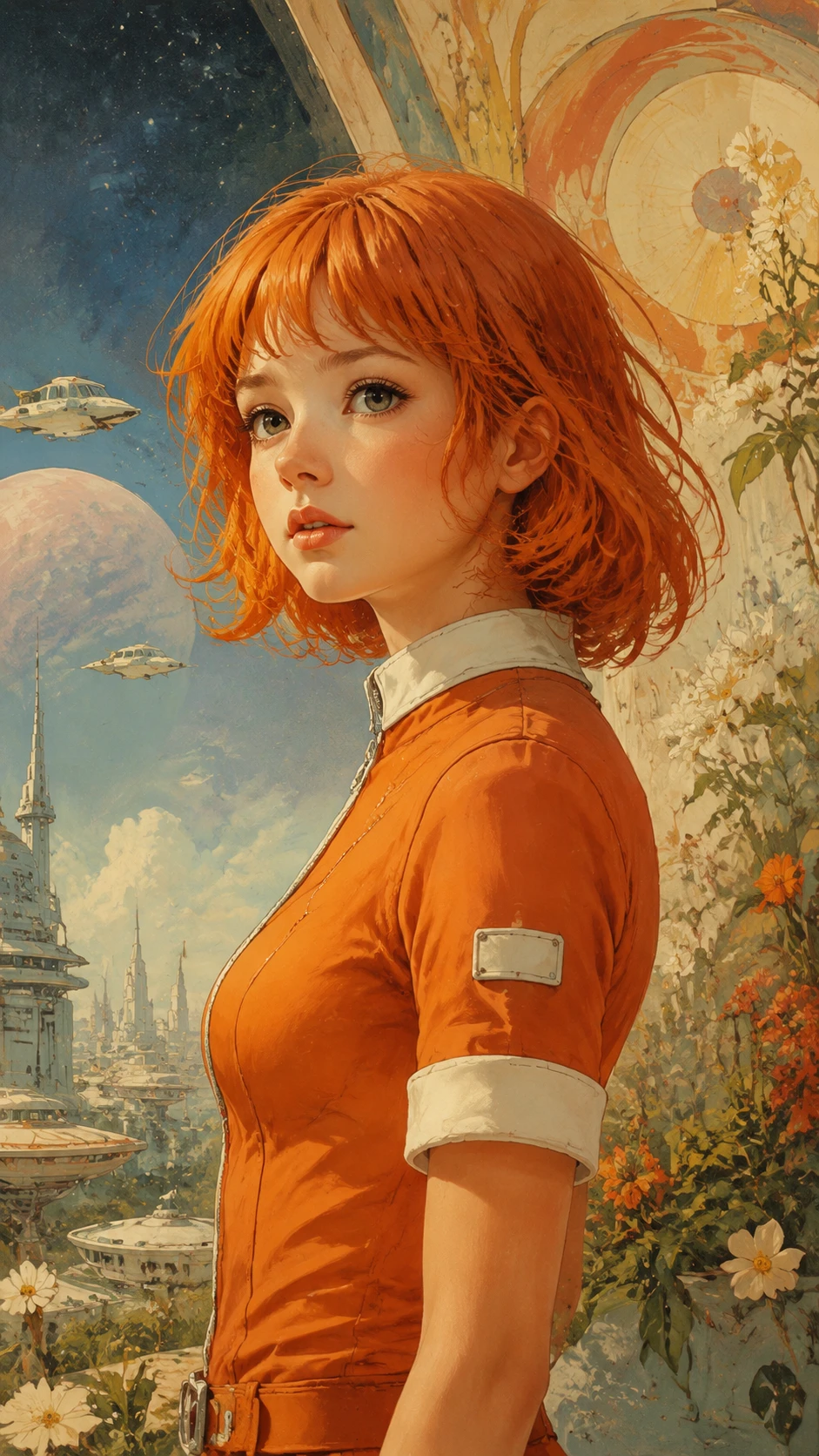Retrato de chica con mono naranja en un fondo de fantasía cálido