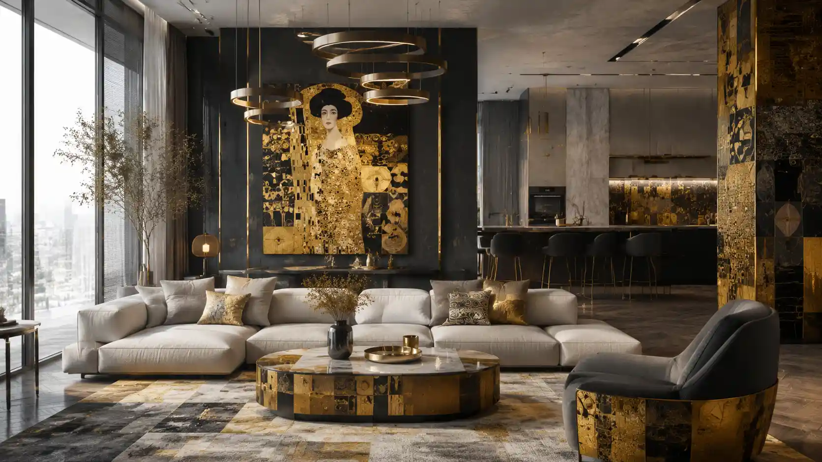 Open plan living room with ultramodern interior design