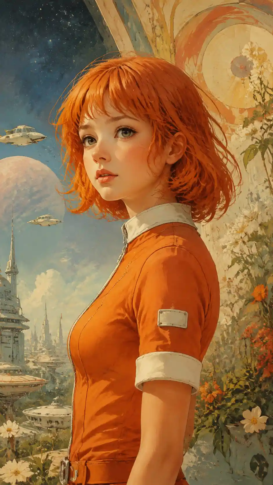 Warm girl portrait in orange jumpsuit on fantasy background