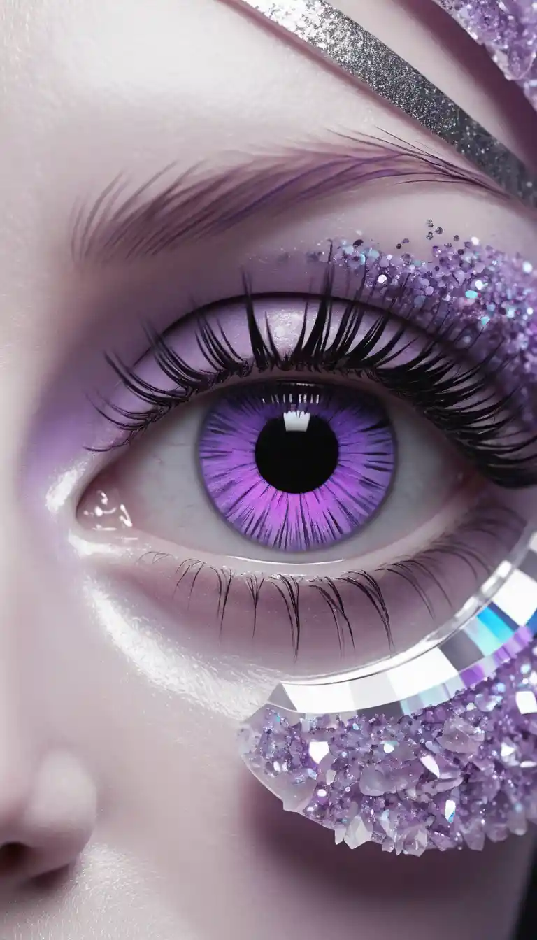 Nahaufnahme eines digitalen Auges mit fliederfarbenem Kristallauge und Neon-Wimpern