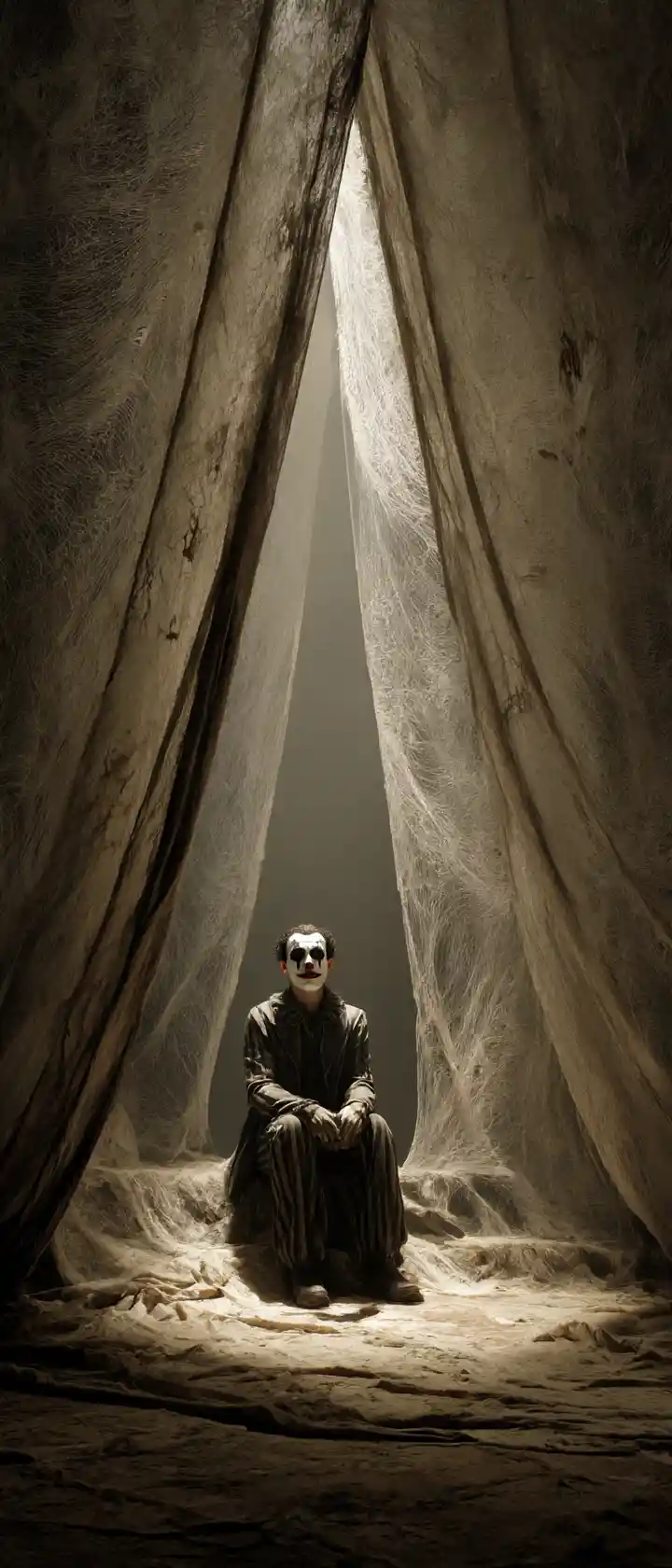 A solitary jester under a spotlight on an ancient stage